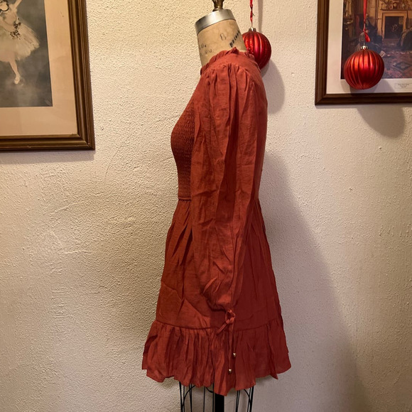 Smocked Frilled Neck Puff Sleeve Ruffle Hem Mini Dress NWOT Size S - Picture 6 of 11